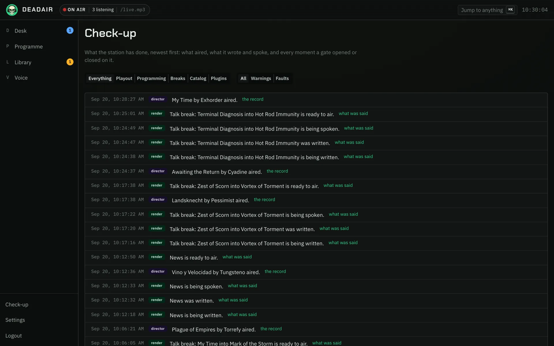 The activity feed: what the station has done, newest first
