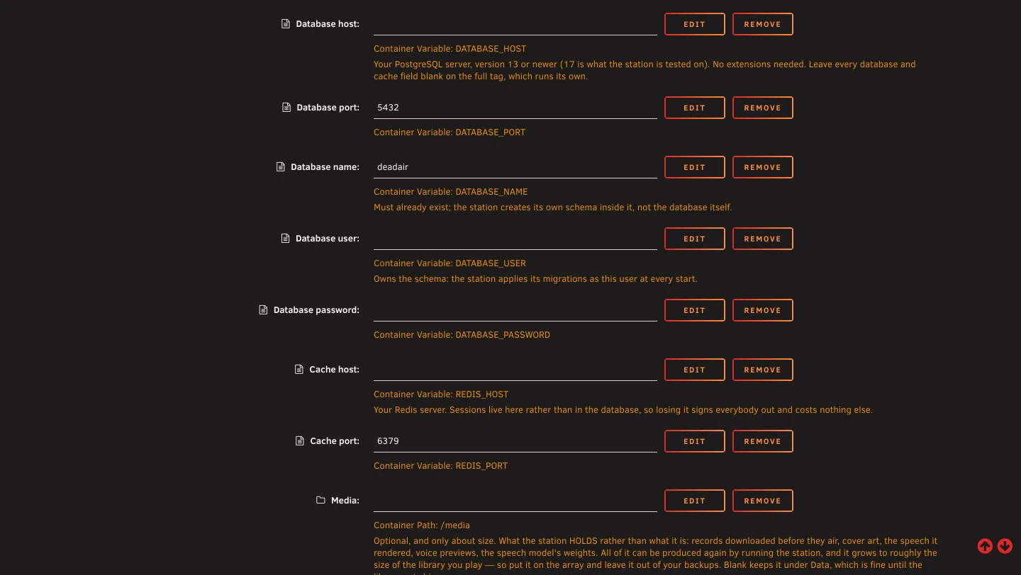 The database and cache fields, all empty, with the note that they are left blank on the full tag