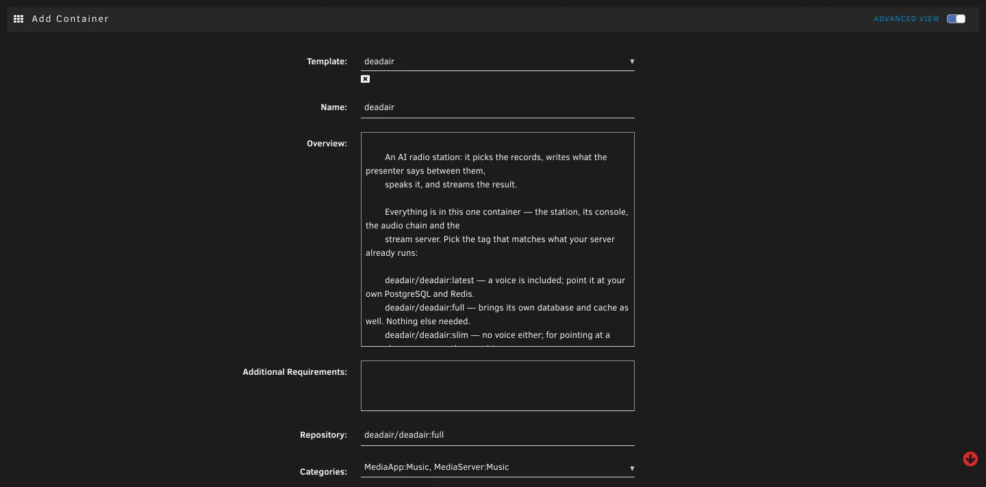 The top of the Add Container form: the template, the container's name, its overview, and the repository field holding the tag