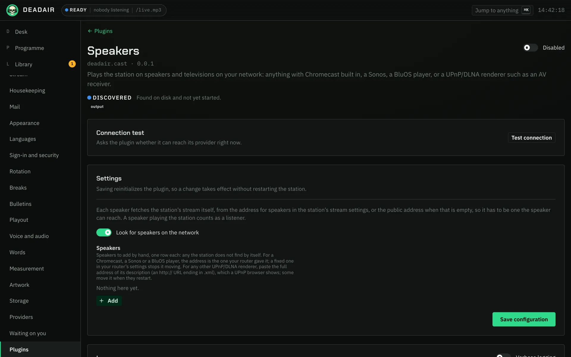 The Speakers plugin's settings: the discovery switch and an empty list of speakers