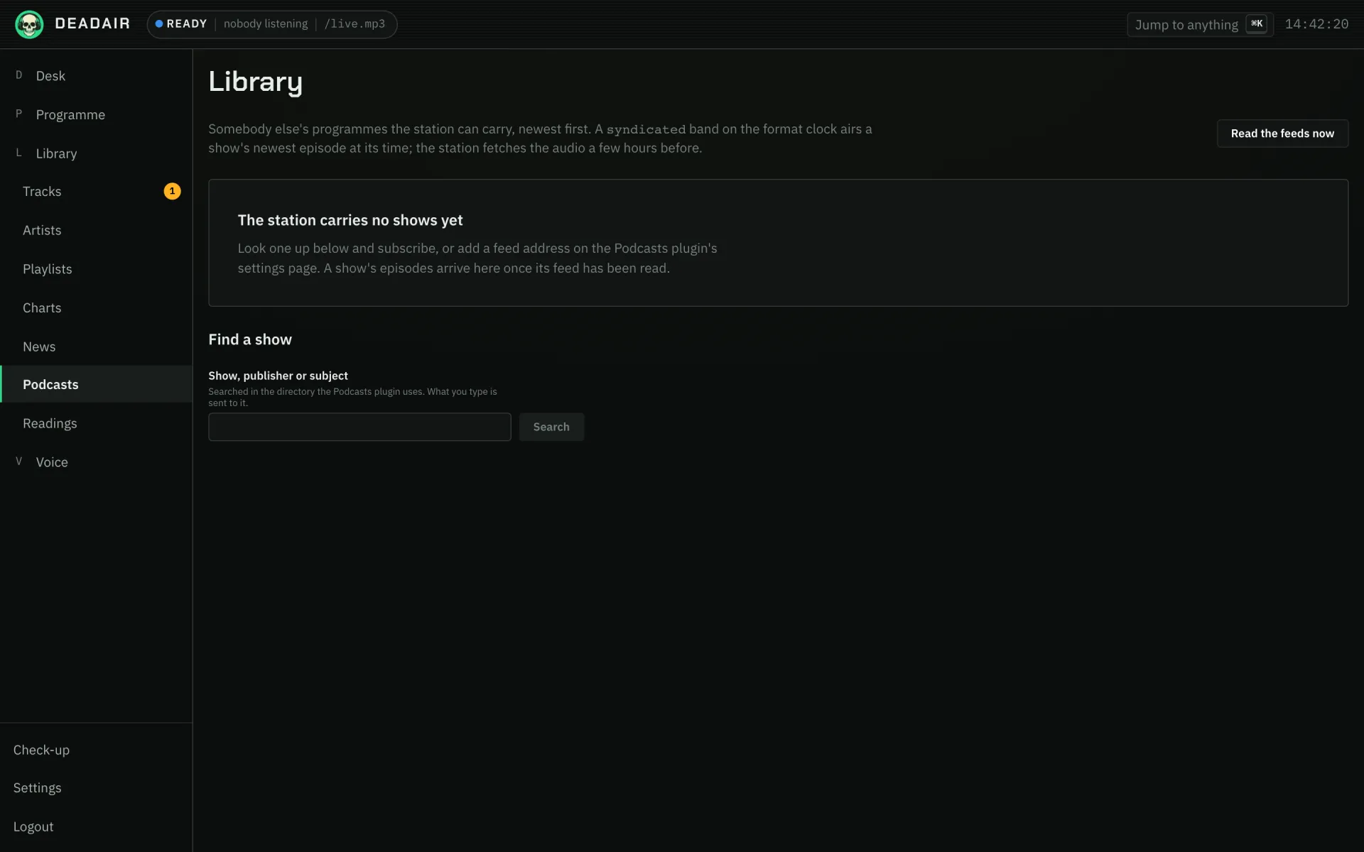 Library, Podcasts, with no shows yet and the Find a show search