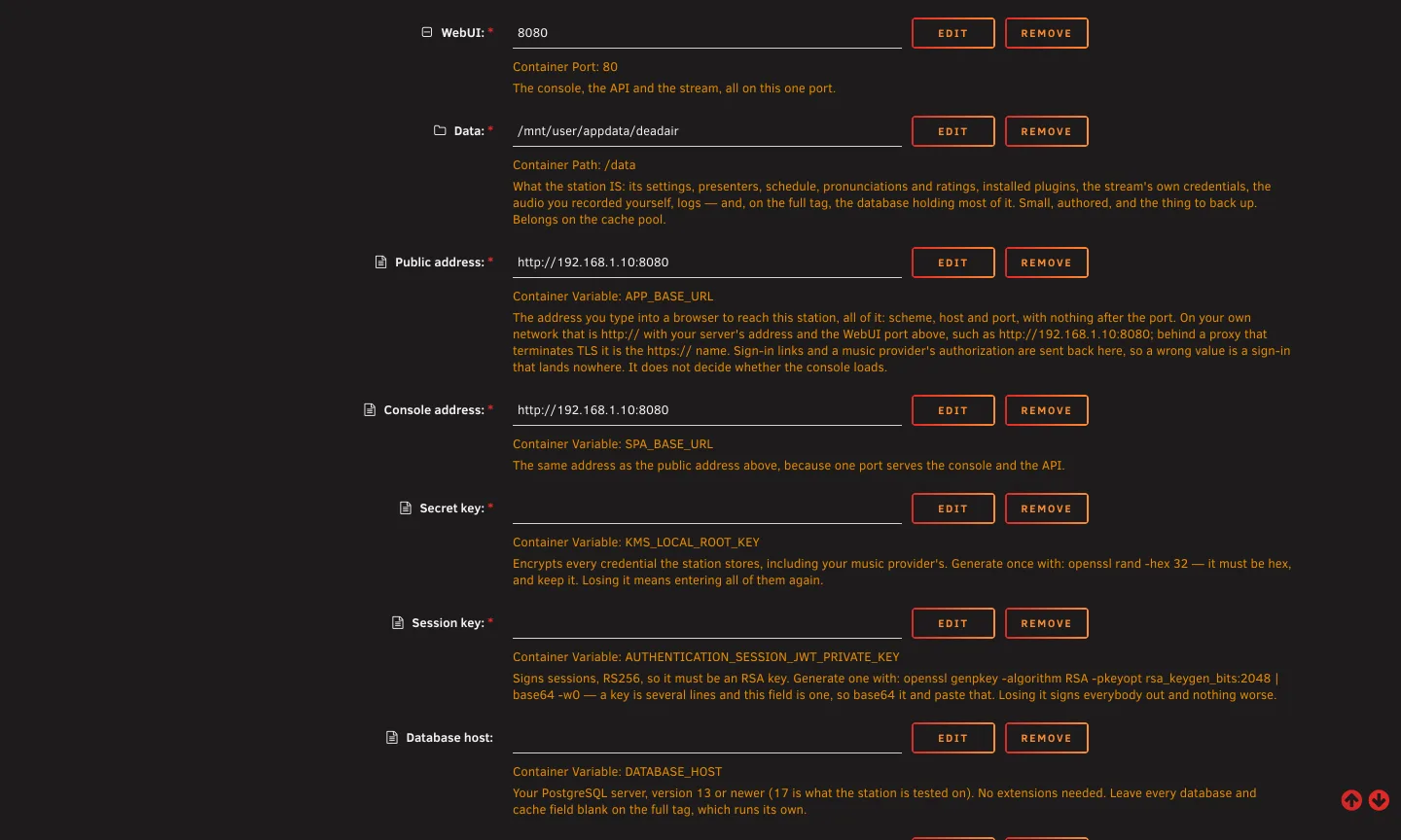 The required fields: WebUI, Data, Public address, Console address, and the two keys, each with its description