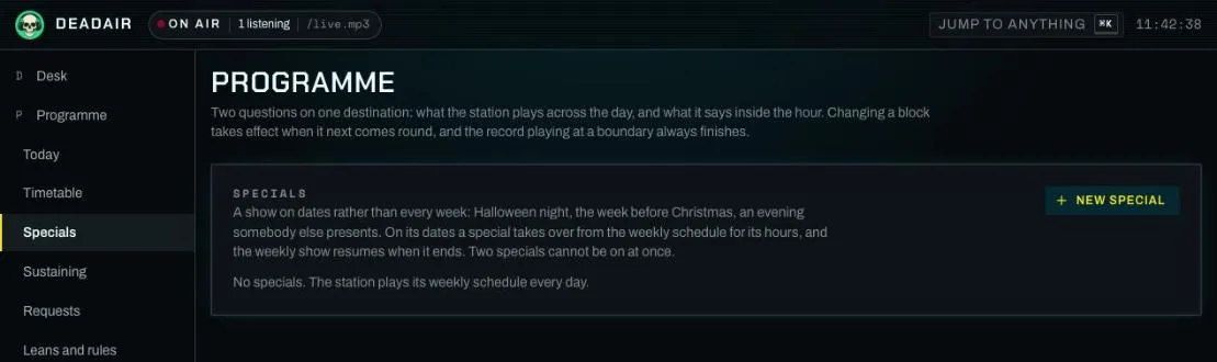 Programme, Specials: shows on dates rather than every week