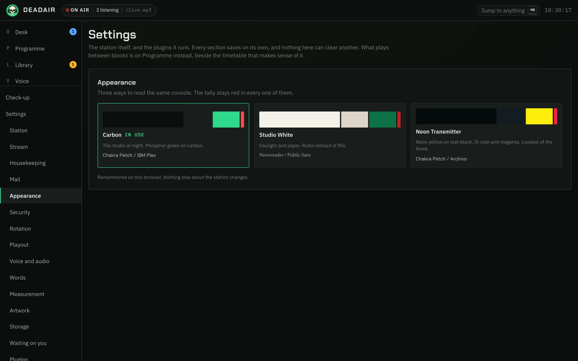 Settings, Appearance: the three themes, each drawn in its own colours
