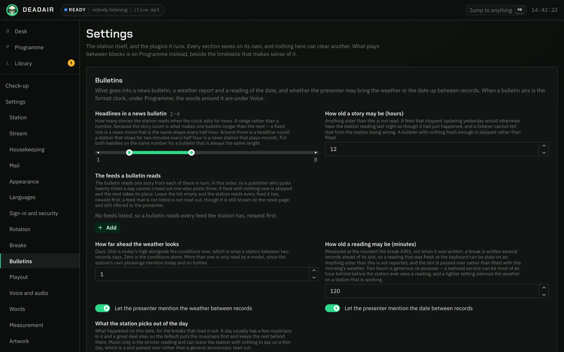 Settings, Bulletins: headlines, the feeds a bulletin reads, and the weather settings