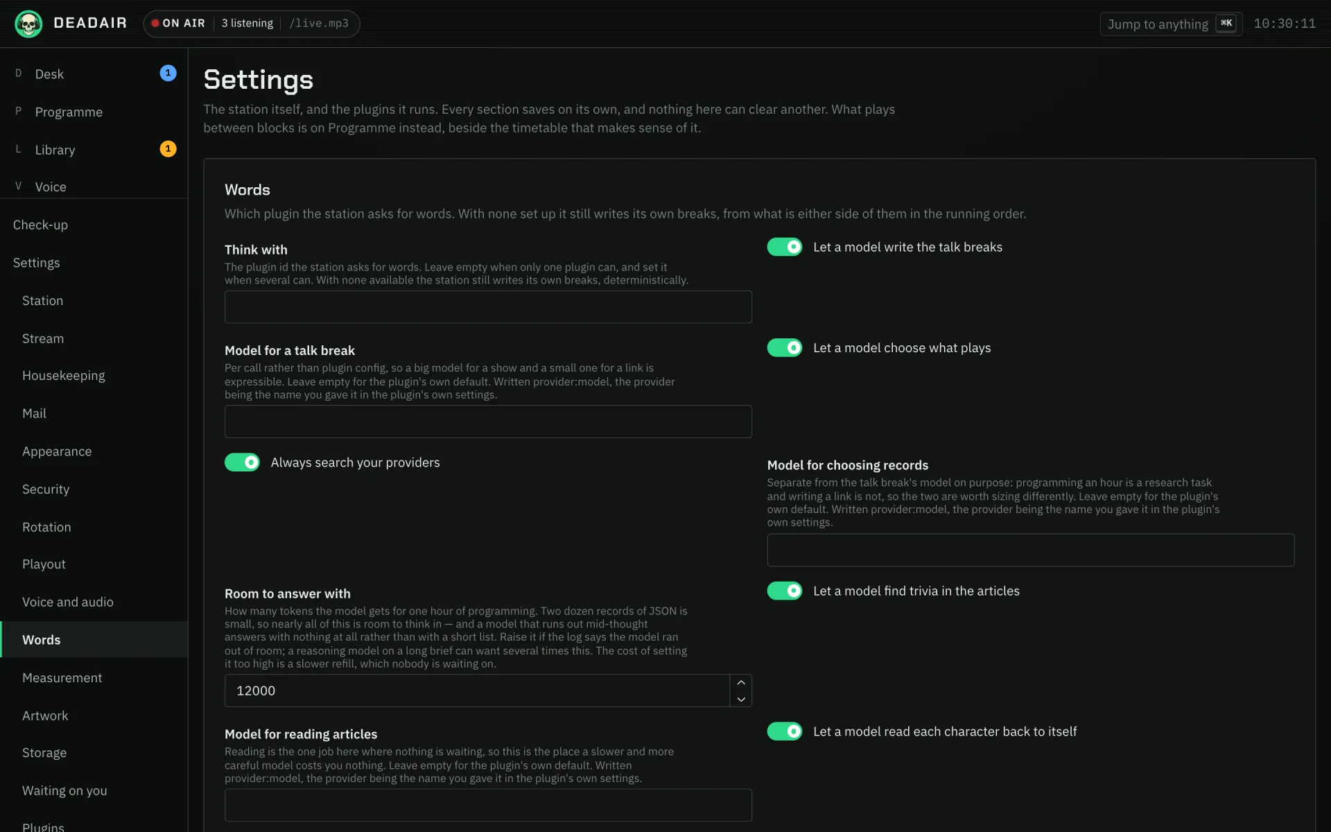 Settings, Words: a switch and a model for each job